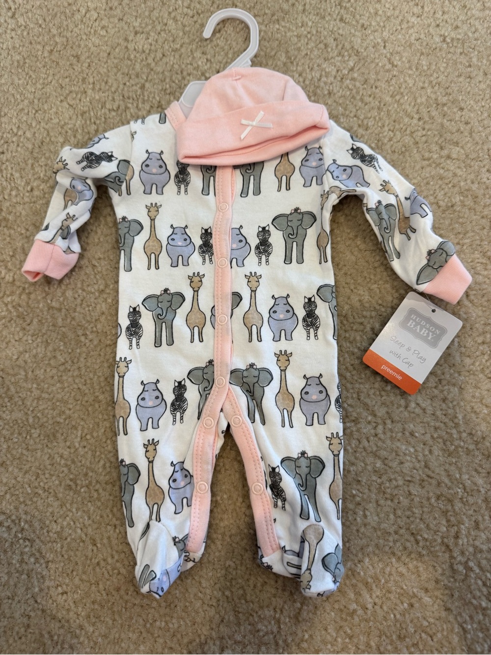 Hudson Baby Pink Trim Animal Print Footed One-Piece with Hat